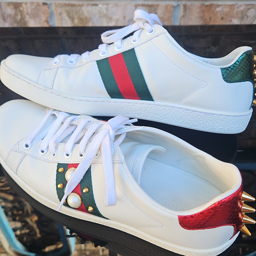 Gucci Ace White Calfskin Pearl & Spike Sneakers Sz. 38 1/2 - Picture 5 of 12